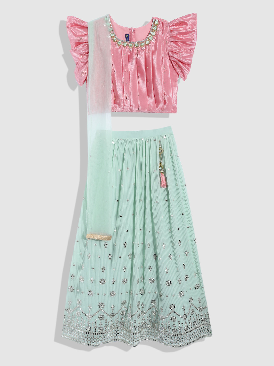 YK Girls Pink & Sea Green Embellished Sequinned Ready to Wear Lehenga & Blouse With Dupatta
YK Girls Pink & Sea Green Embellished Sequinned Ready to Wear Lehenga & Blouse With Dupatta