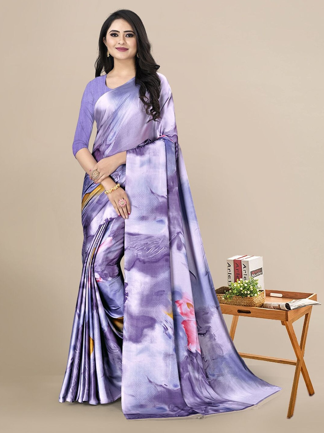 KALINI Tie and Dye Satin Saree, Purple