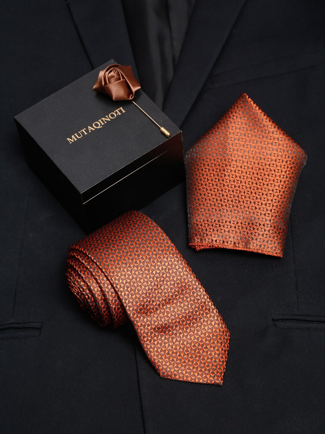 MUTAQINOTI Men Brown Printed Formal Tie Accessory Gift Set