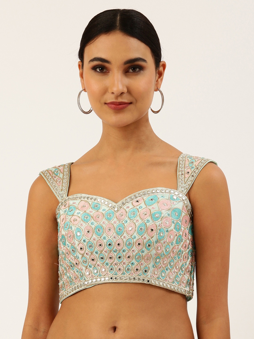 panchhi Women Turquoise Blue & Pink Mirror Work Art Silk Saree Blouse
