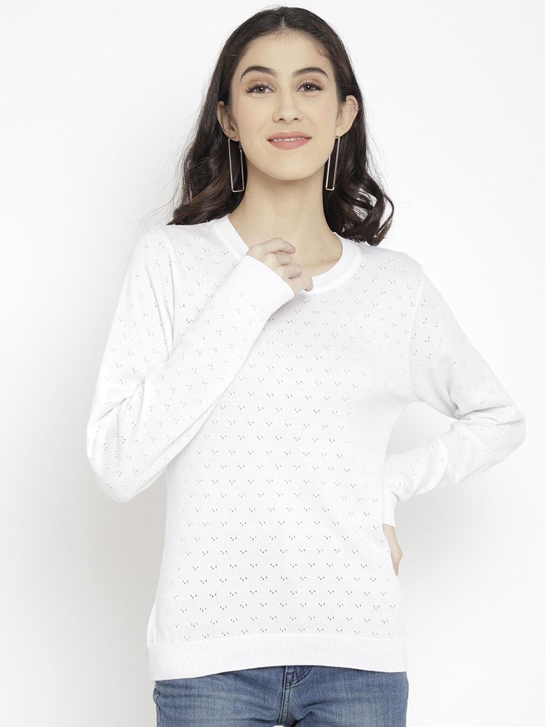CHKOKKO Women White Woolen Pullover Sweater