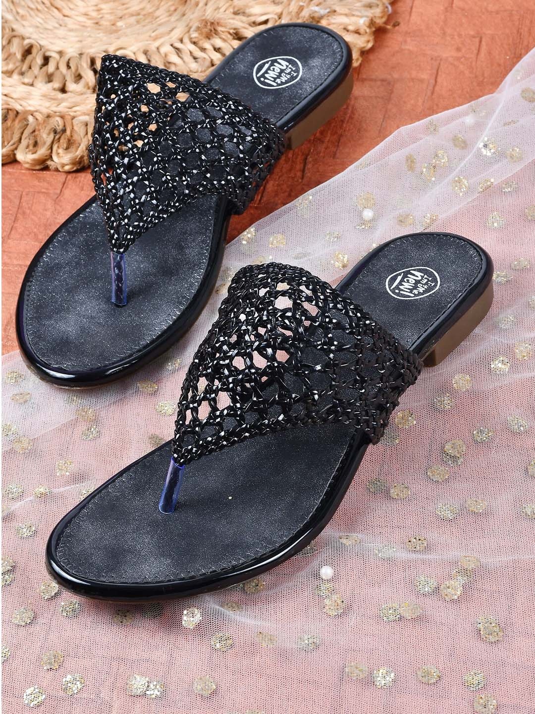 Try Me Women Black Textured Ethnic Open Toe Flats
