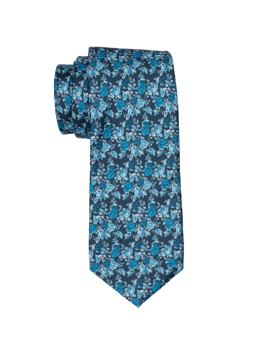 The Tie Hub Men Blue Rose Printed Silk Necktie
