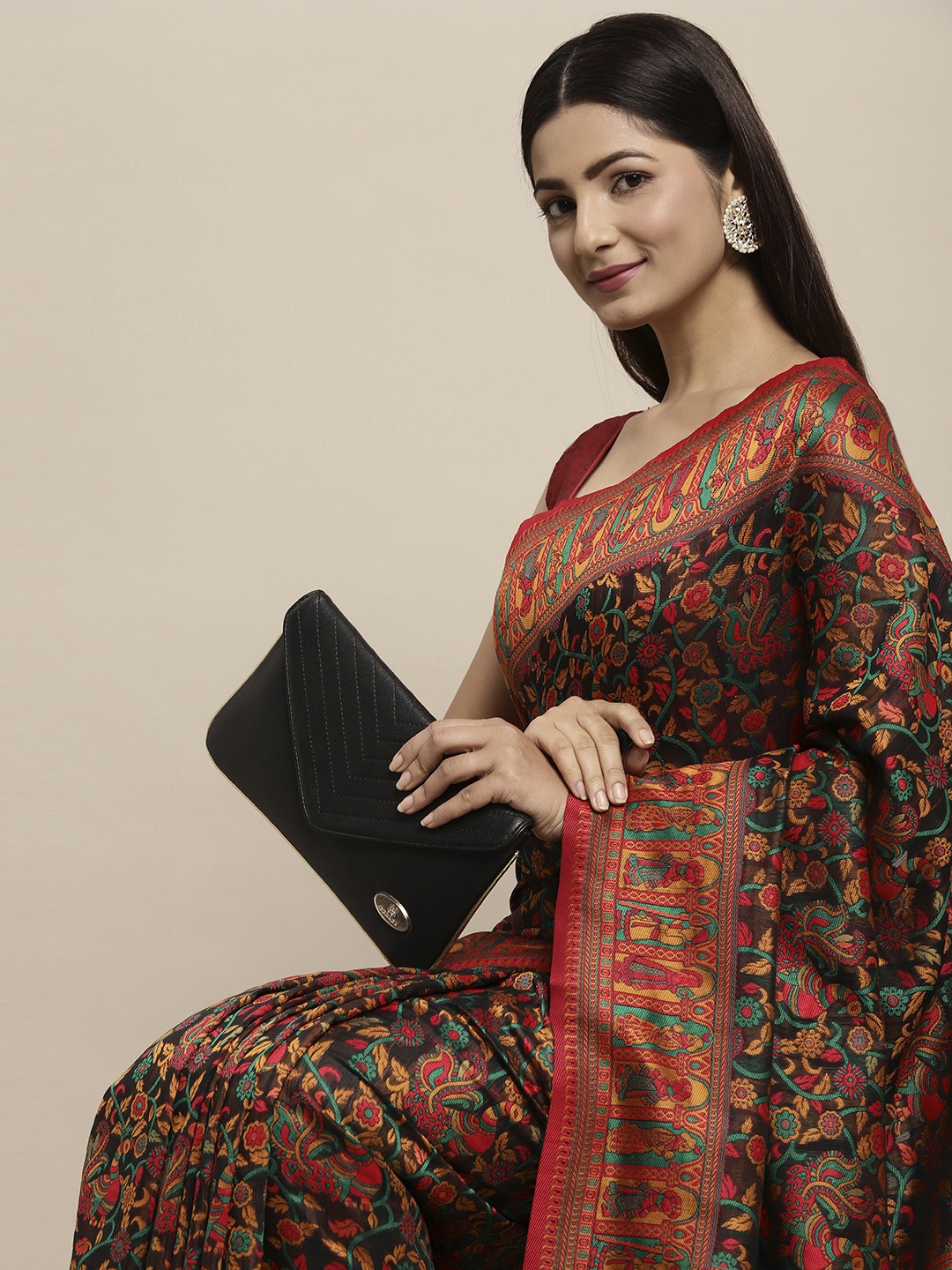 AYKA CLOTHINGS Black Floral Pure Cotton Patola Saree