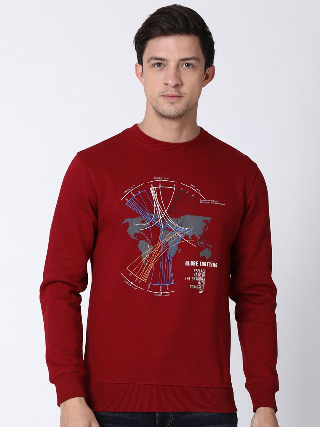 t-base Men Red Printed Cotton Sweatshirt