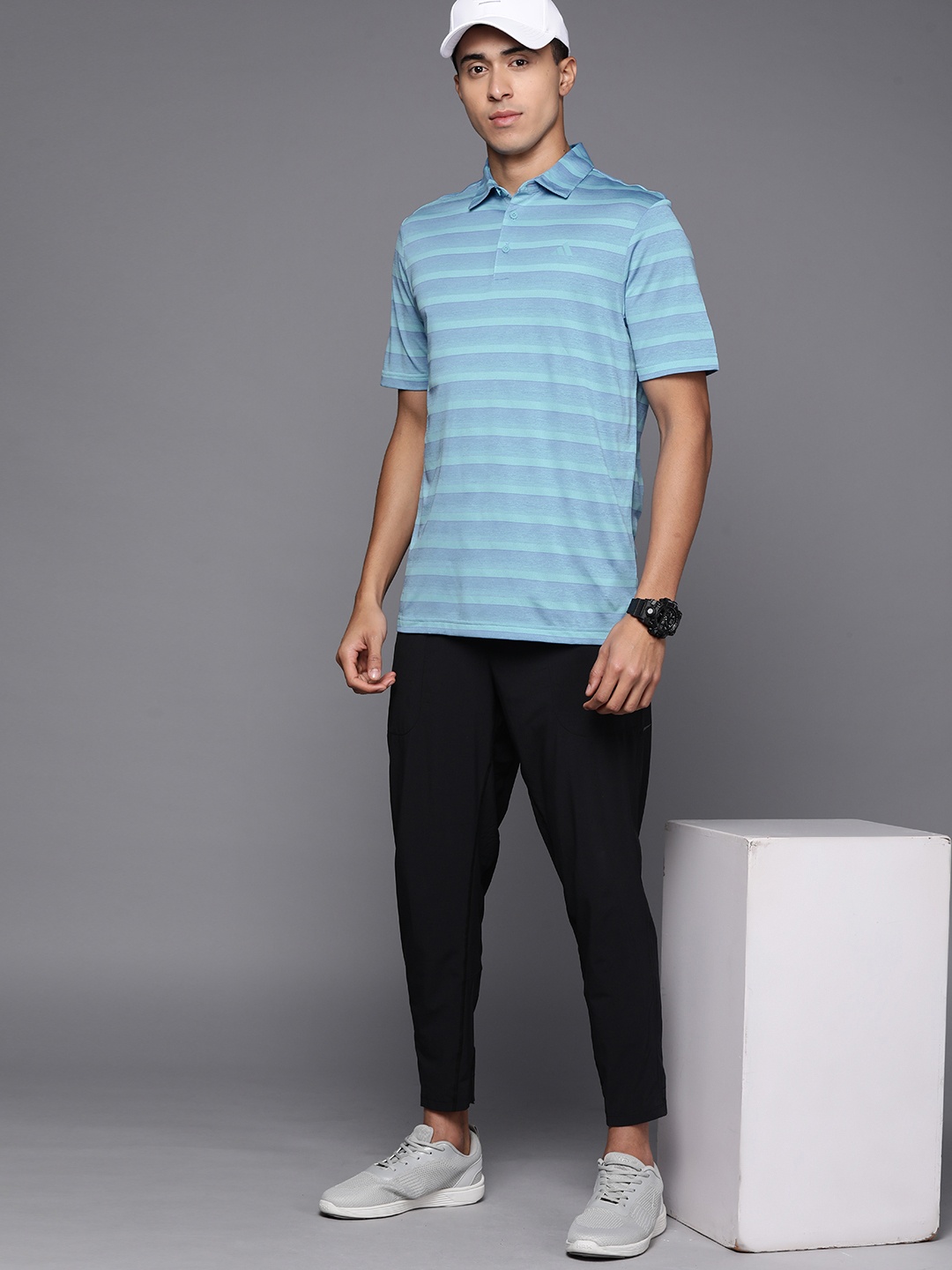 ADIDAS Two-color Striped Polo Collar T-shirt, Blue