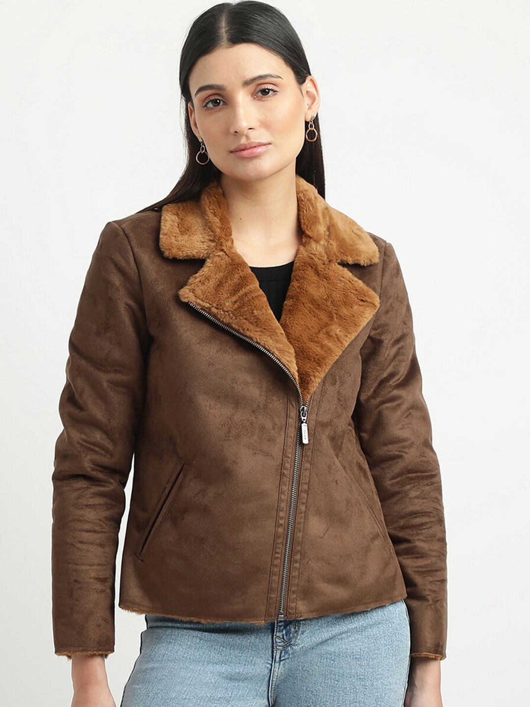 United Colors of Benetton Women Brown Solid Lapel Collar Biker Jacket