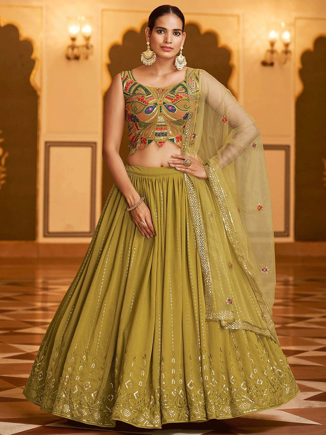 ODETTE Olive Green & Gold-Toned Embroidered Semi-Stitched Lehenga & Unstitched Blouse With Dupatta
ODETTE Olive Green & Gold-Toned Embroidered Semi-Stitched Lehenga & Unstitched Blouse With Dupatta