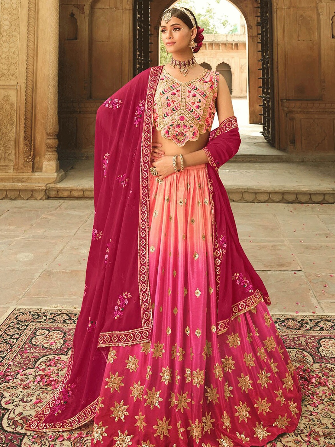 ODETTE Pink & Green Embroidered Thread Work Semi-Stitched Lehenga & Unstitched Blouse With Dupatta
ODETTE Pink & Green Embroidered Thread Work Semi-Stitched Lehenga & Unstitched Blouse With Dupatta