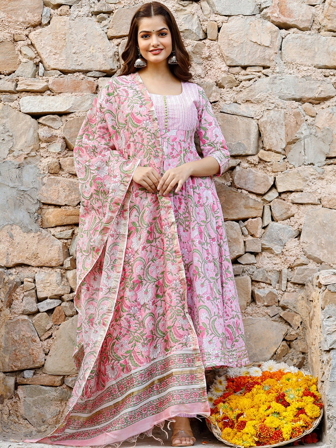 PHEETA Women Pink Floral Printed Empire Patchwork Pure Cotton Kurta with Trousers & With Dupatta
PHEETA Women Pink Floral Printed Empire Patchwork Pure Cotton Kurta with Trousers & With Dupatta