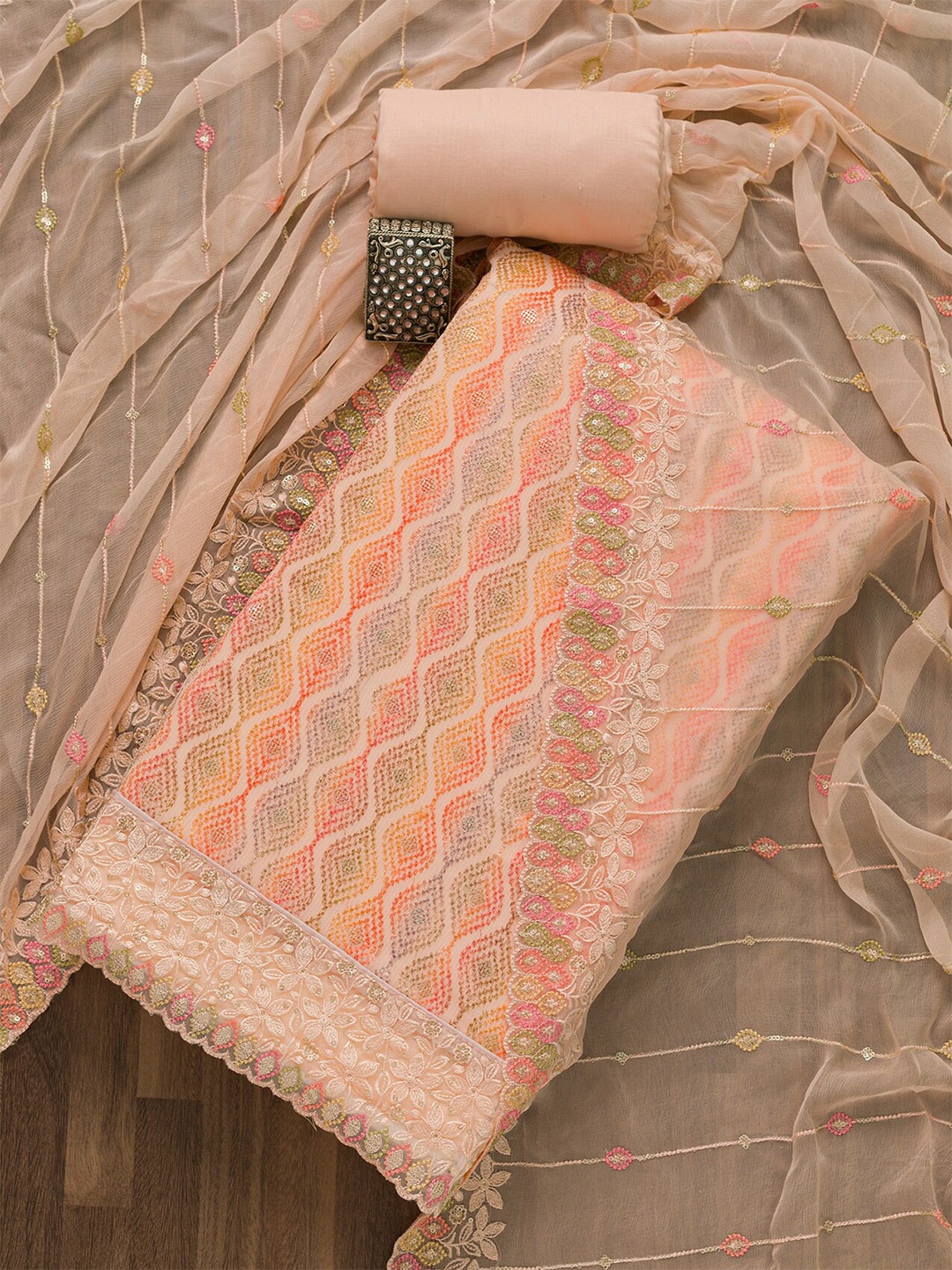 Koskii Peach-Coloured & Orange Embroidered Unstitched Dress Material