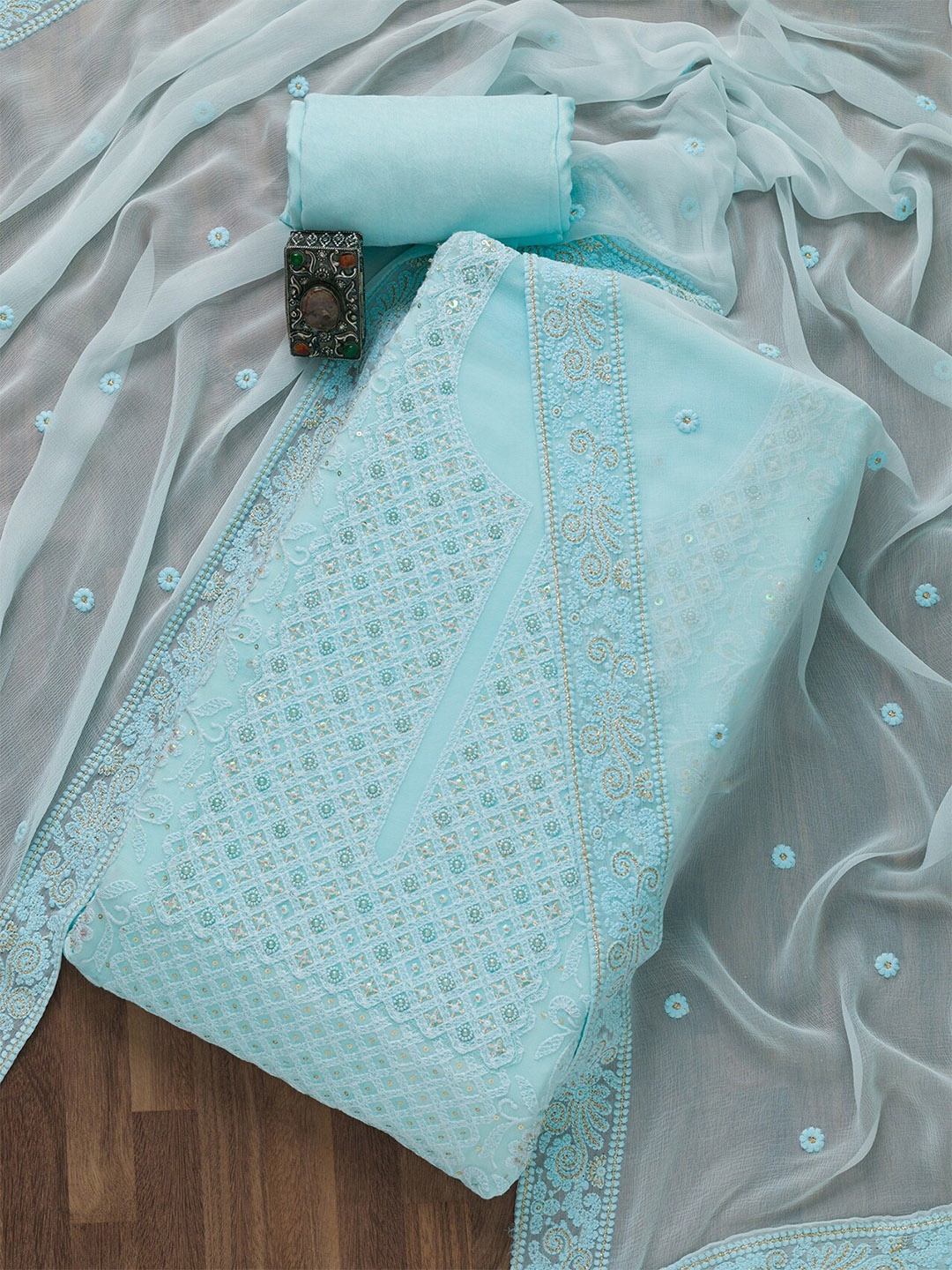Koskii Blue Embellished Unstitched Dress Material