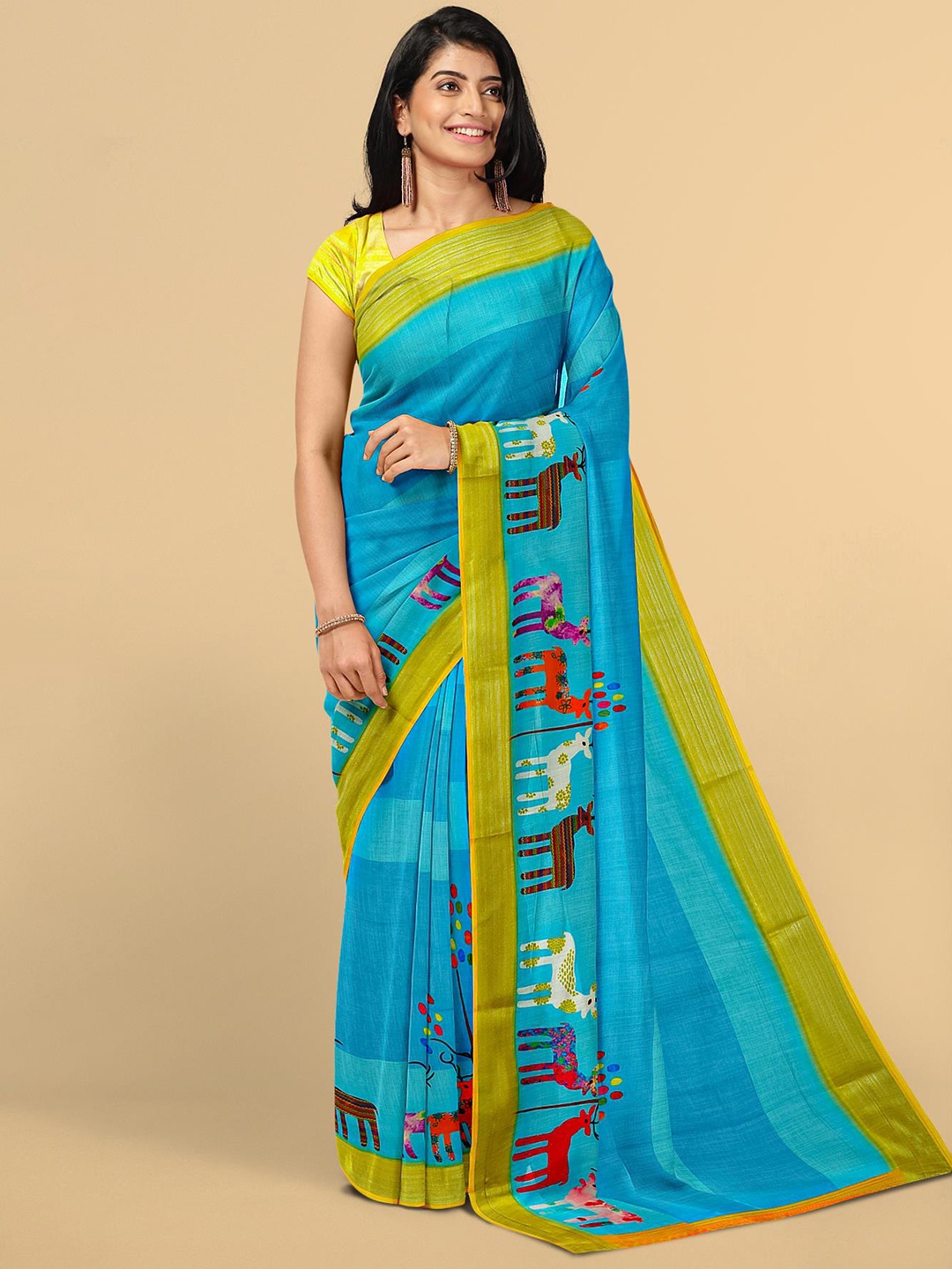 Kalamandir Blue & Green Linen Blend Saree