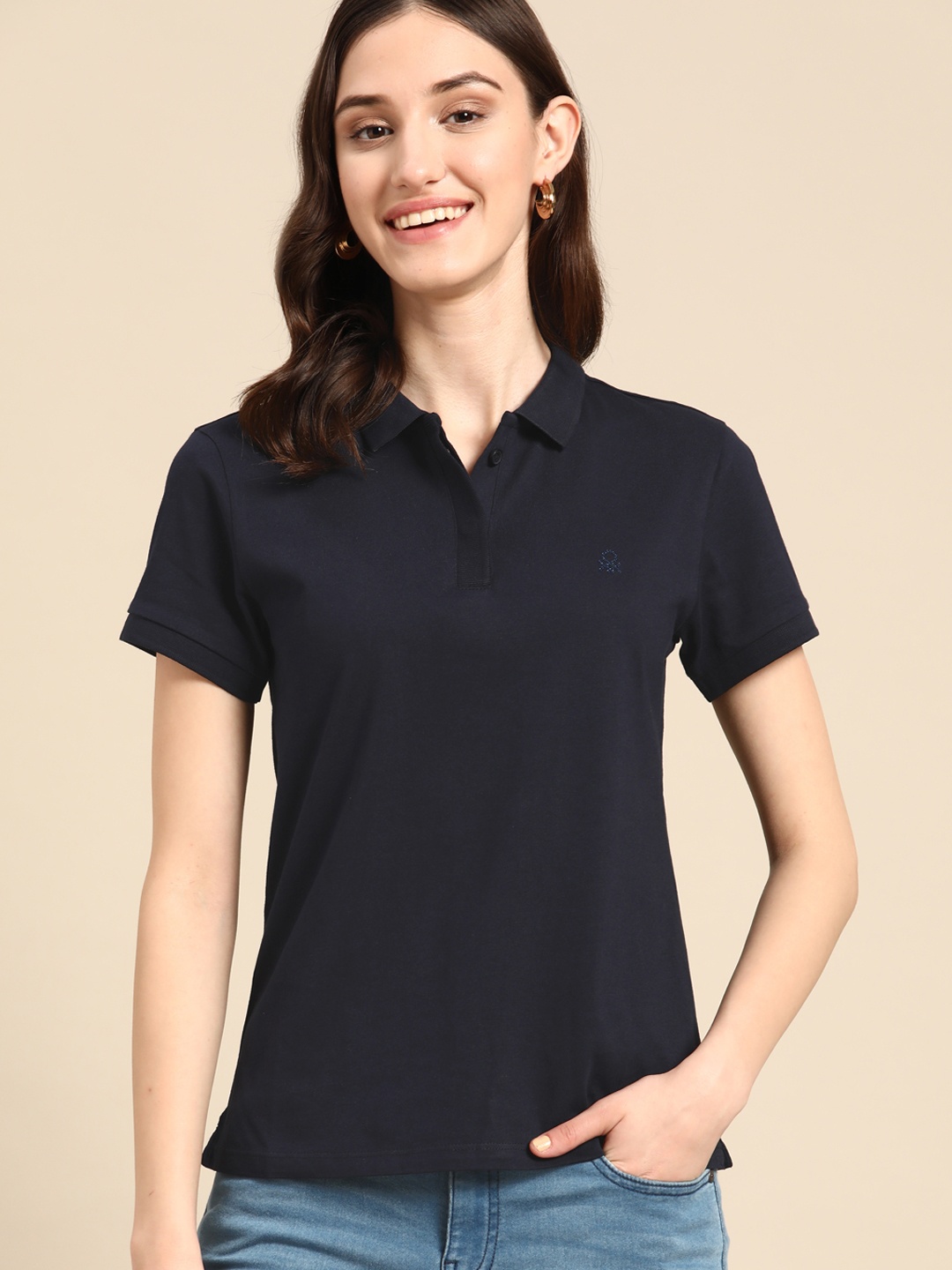 United Colors of Benetton Women Navy Blue Solid Polo Collar T-shirt
