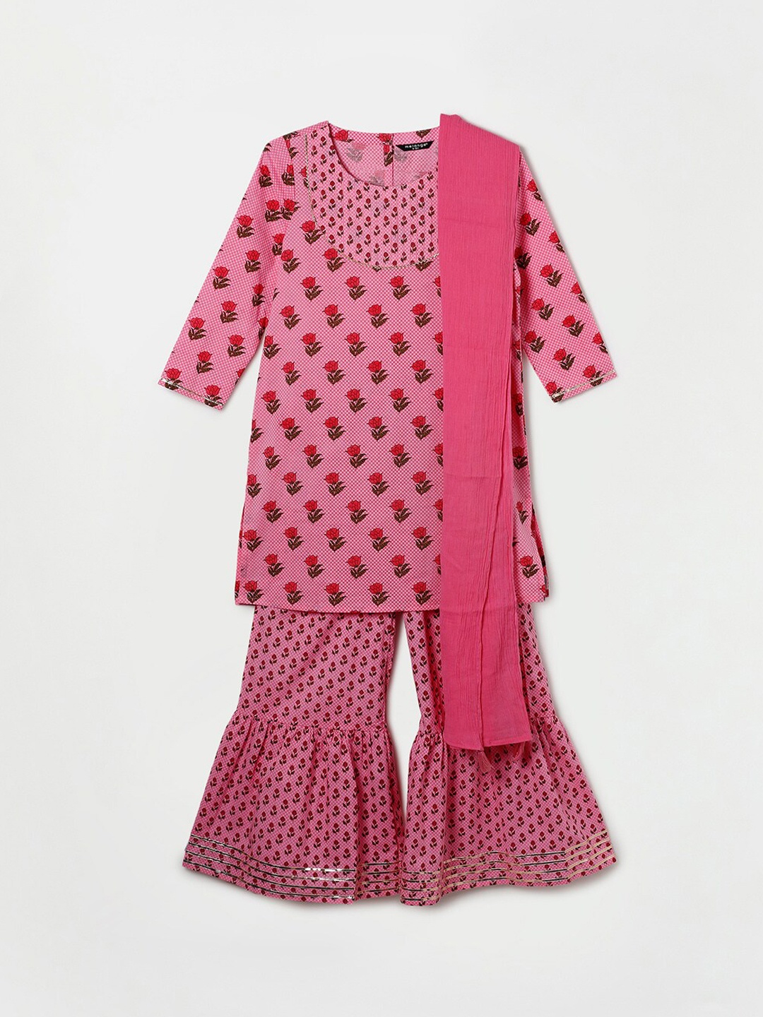 Melange by Lifestyle Girls Pink Floral Printed Pure Cotton Kurta with Sharara & With Dupatta
Melange by Lifestyle Girls Pink Floral Printed Pure Cotton Kurta with Sharara & With Dupatta