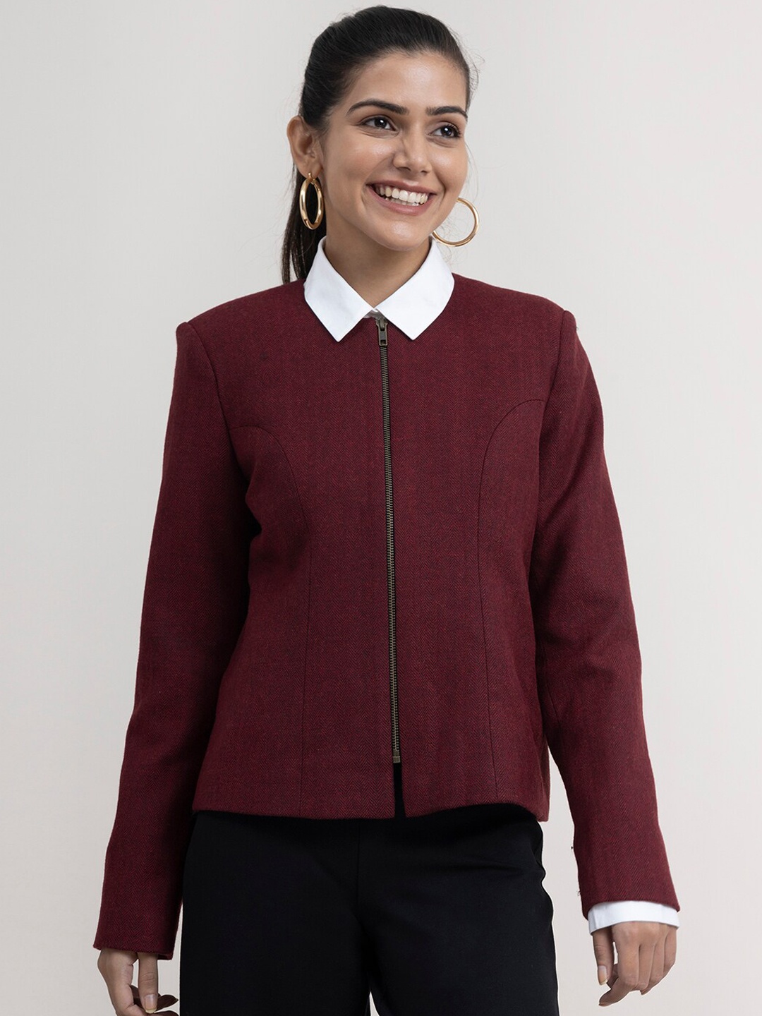 FableStreet Women Maroon Tailored Jacket