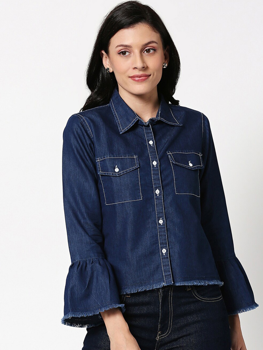 Bewakoof Women Blue Solid Raw Edge Denim Jacket