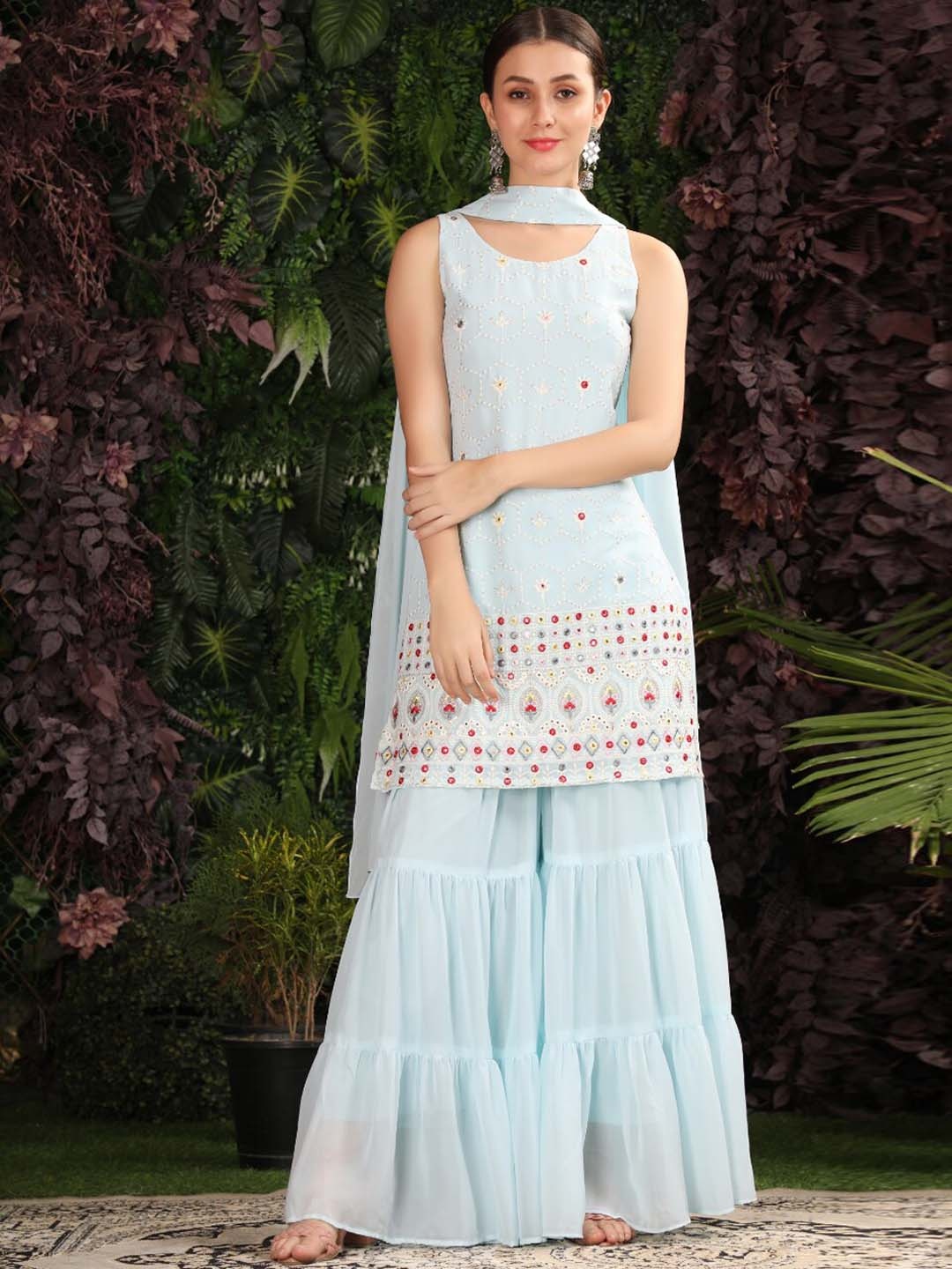 KALINI Women Blue Floral Embroidered Thread Work Kurti with Sharara & Dupatta
KALINI Women Blue Floral Embroidered Thread Work Kurti with Sharara & Dupatta