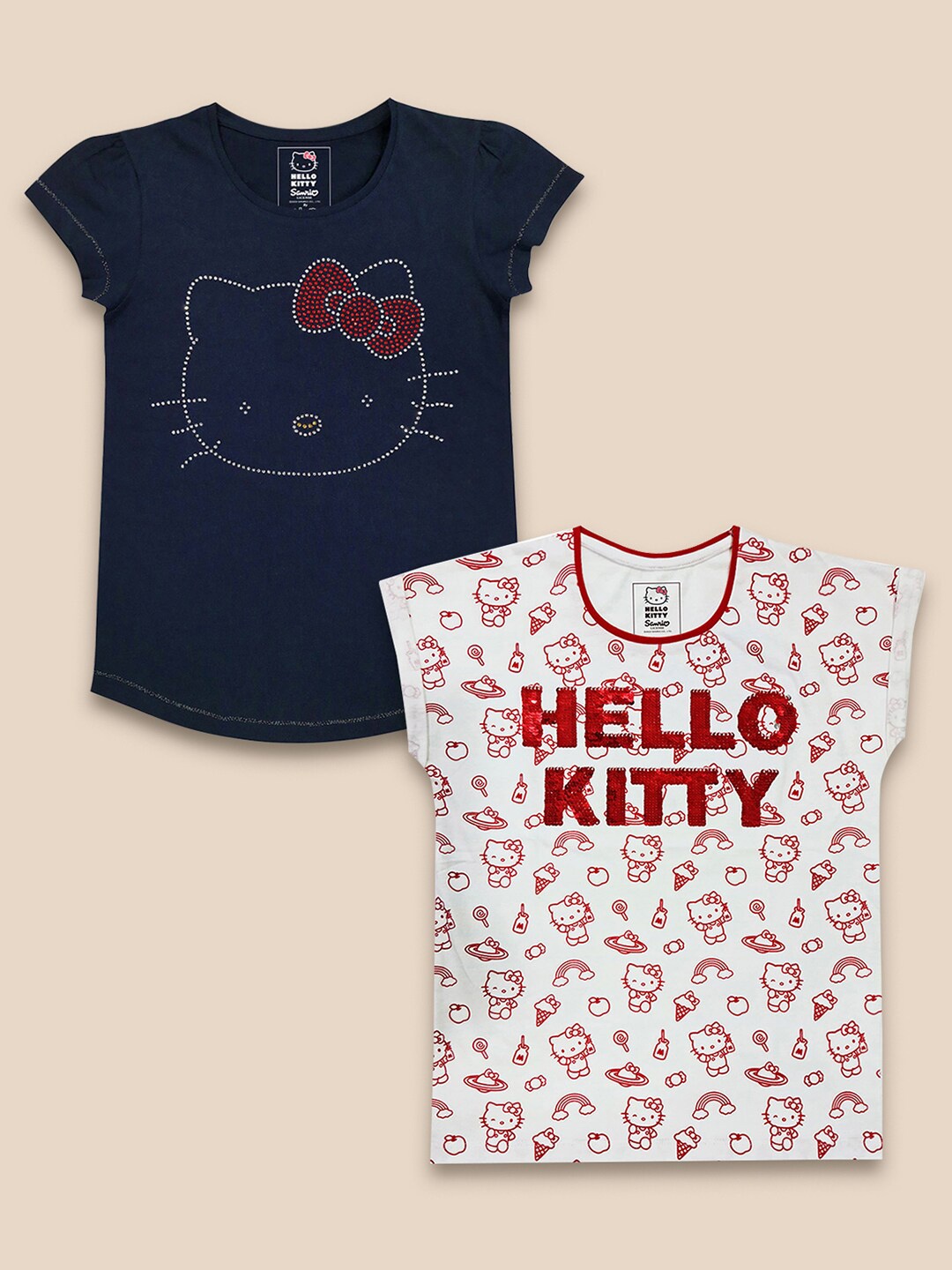 Kids Ville Girls Navy Blue & White Cotton Pack Of 2 Typography Hello Kitty Printed T-shirt
