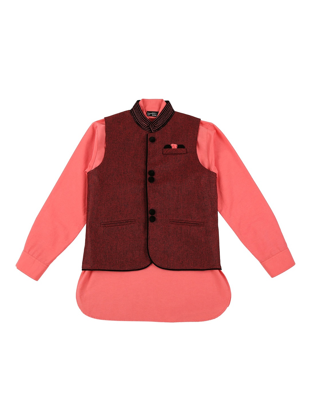 Actuel Boys Maroon & Coral Solid Pure Cotton Waistcoat With Shirt