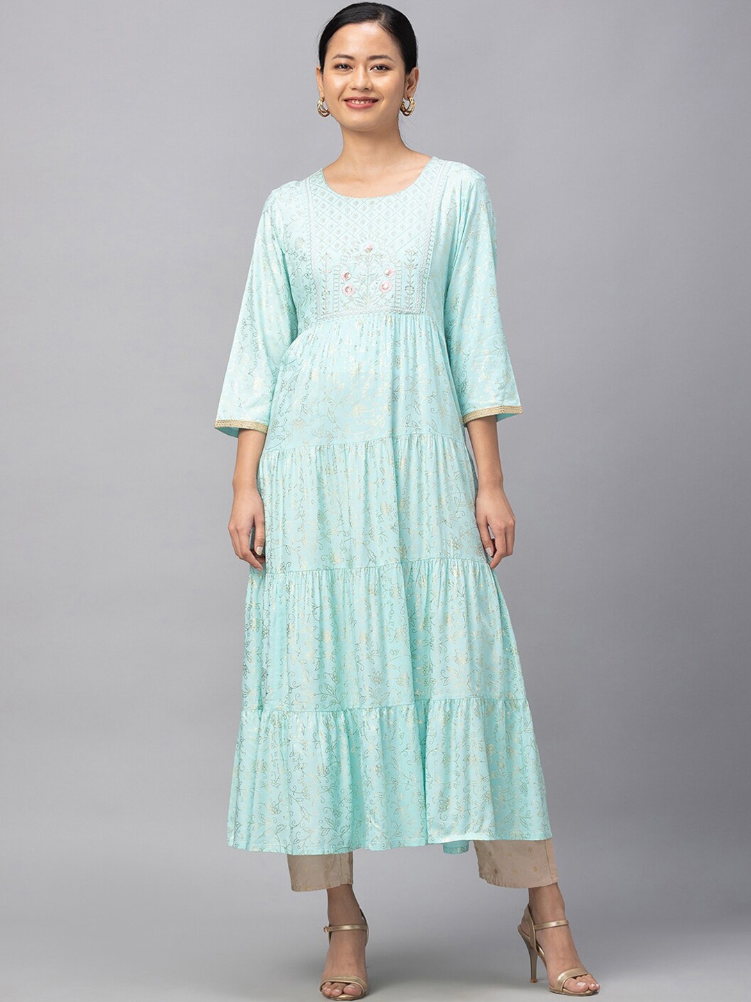 Globus Women Sea Green Ethnic Motifs Printed Kurta