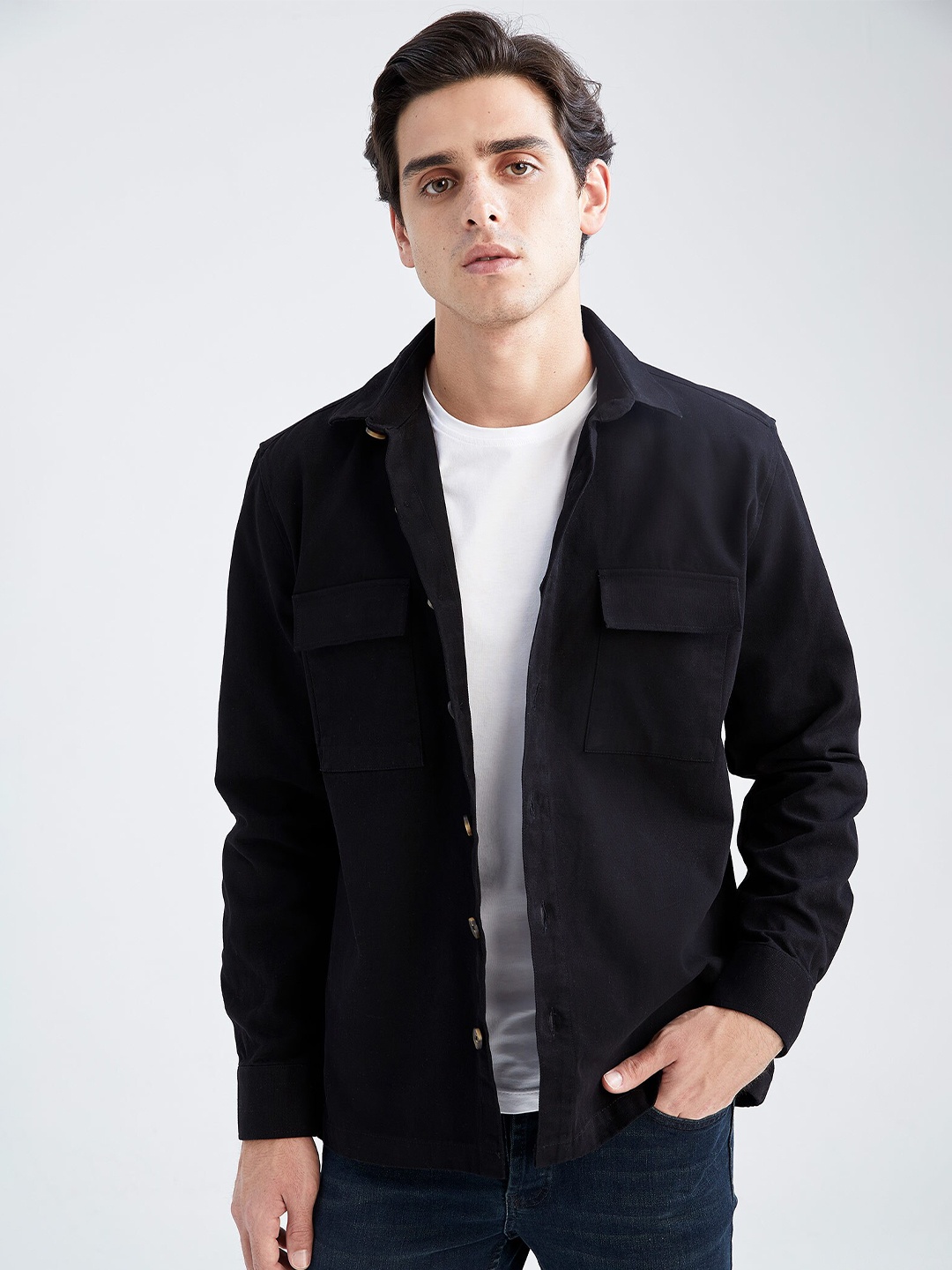 DeFacto Men Black Solid Pure Cotton Casual Shirt