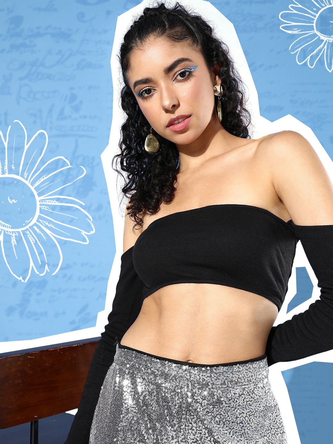 Mast & Harbour Inky Black Party Lity Play Off-Shoulder Tube Crop Top