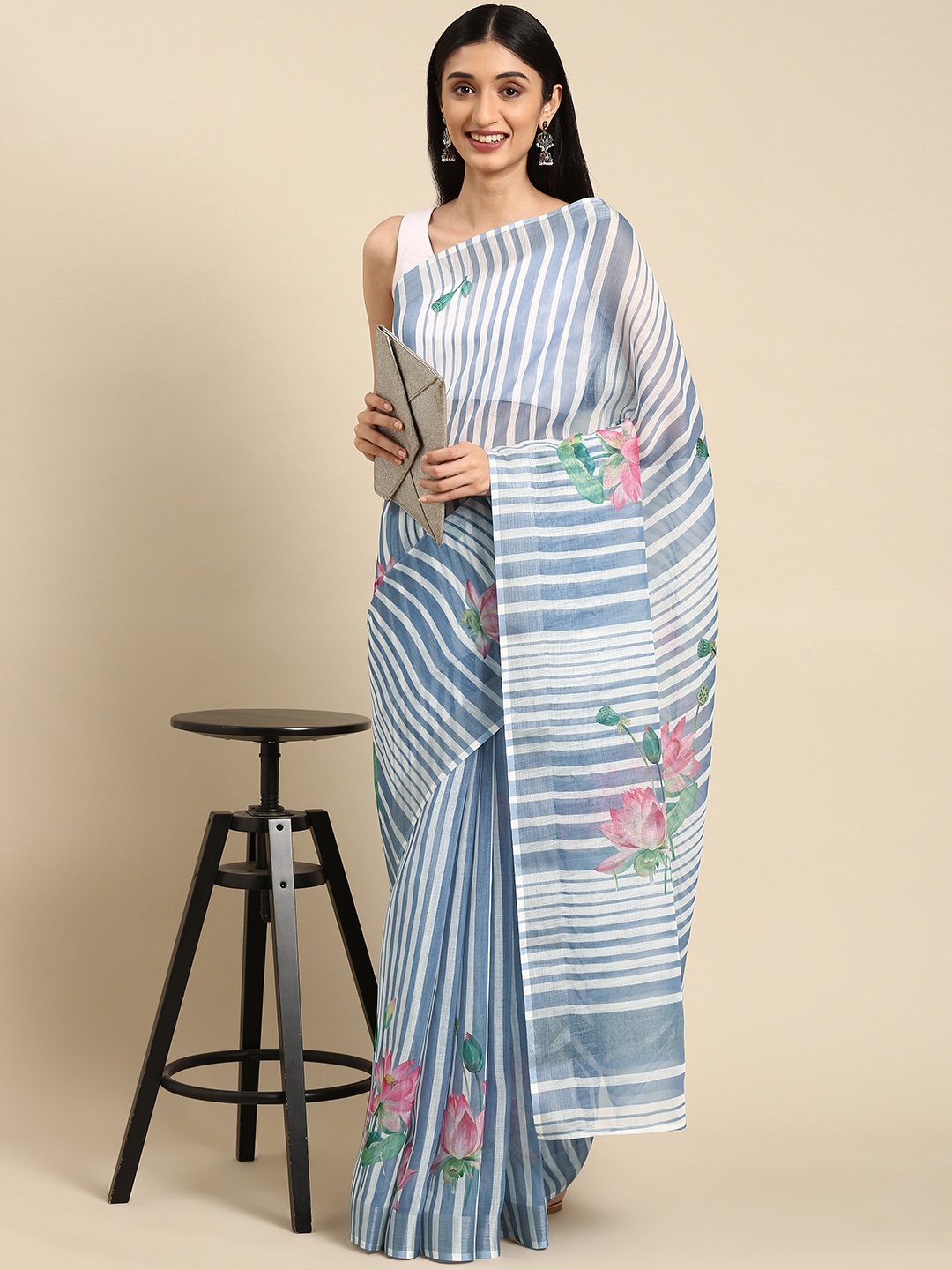 Anouk Blue & White Floral Print Pure Linen Saree