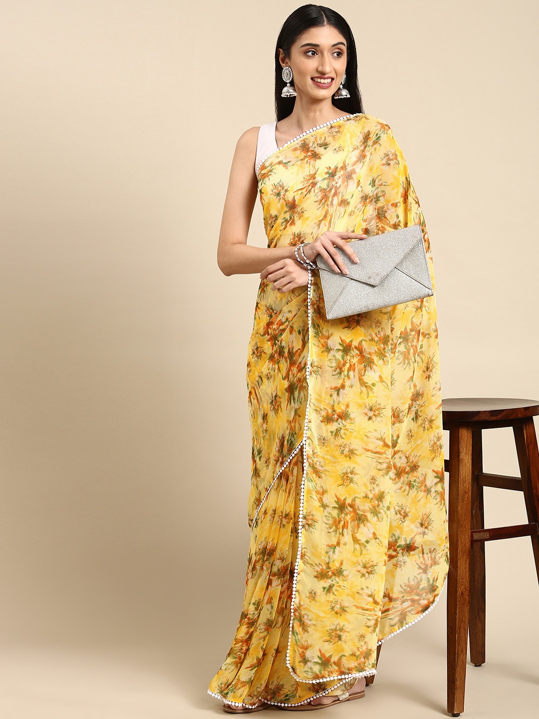 Anouk Yellow & Green Floral Print Pure Chiffon Saree