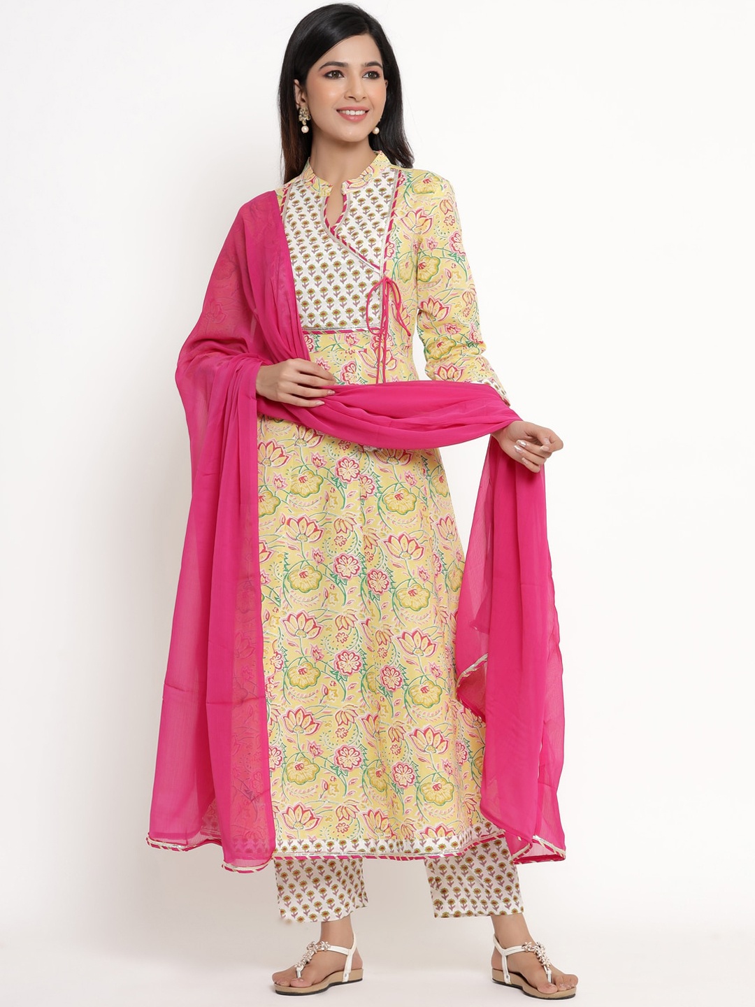 KALINI Women Yellow Floral Printed Angrakha Pure Cotton Kurta with Trousers & Dupatta
KALINI Women Yellow Floral Printed Angrakha Pure Cotton Kurta with Trousers & Dupatta