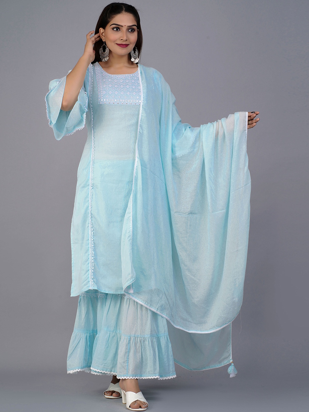 PREKSHA Women Blue Embroidered Mirror Work Pure Cotton Kurta with Sharara & Dupatta
PREKSHA Women Blue Embroidered Mirror Work Pure Cotton Kurta with Sharara & Dupatta