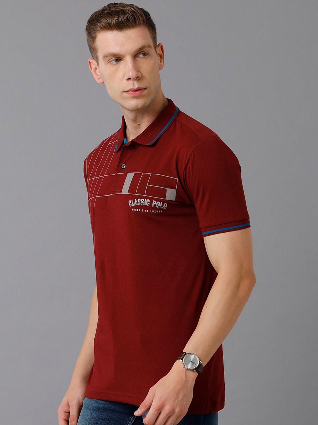 Classic Polo Men Maroon Printed Cotton T-shirt