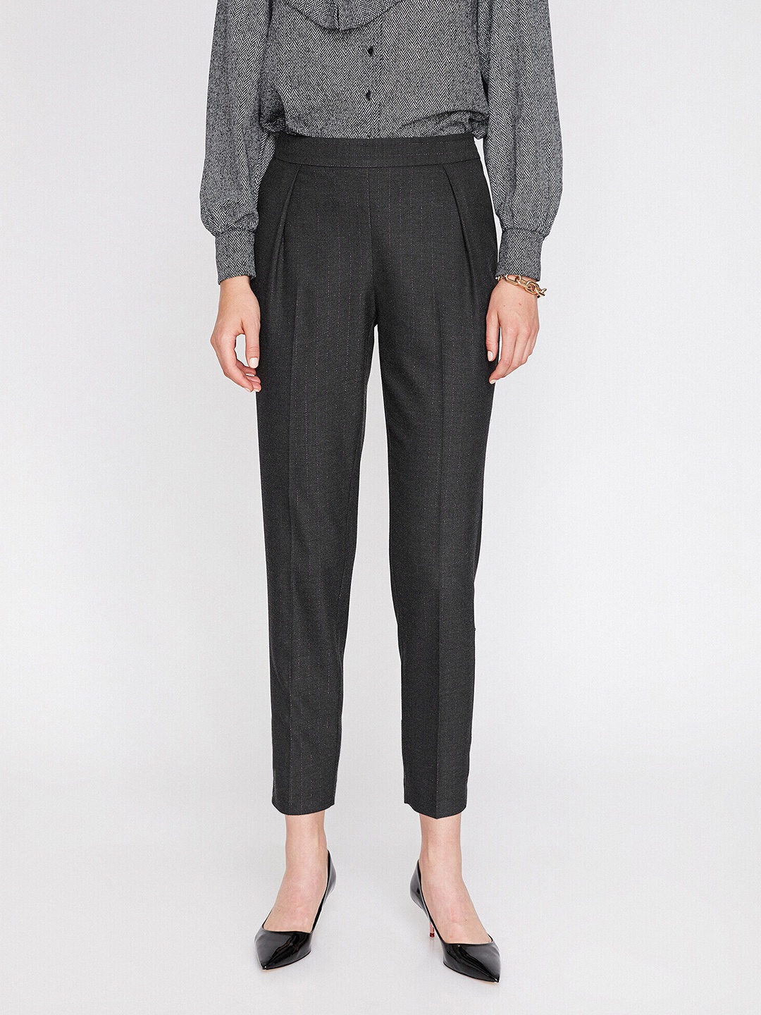 Koton Women Black Solid Pleated Trousers