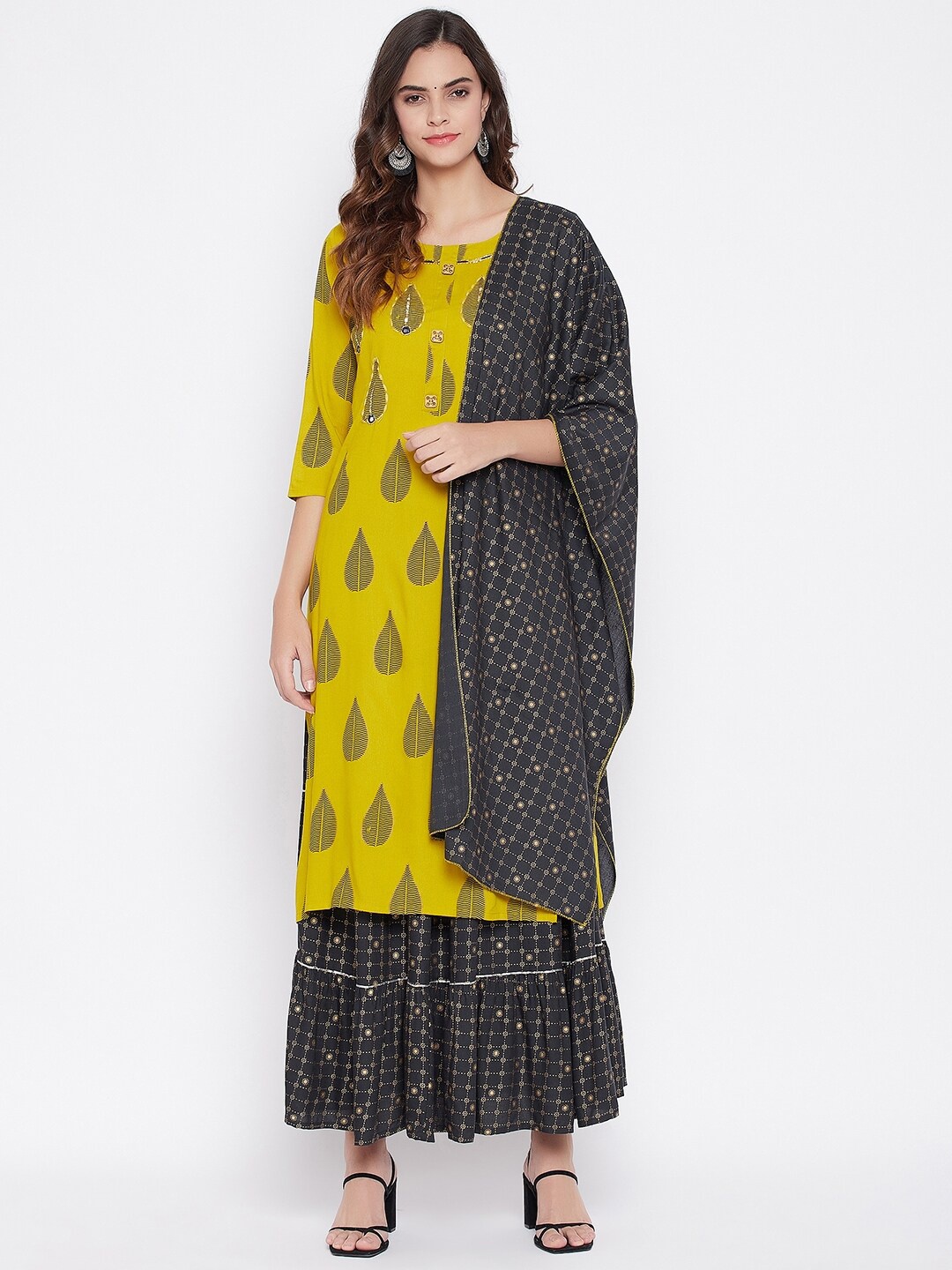 Prakhya Women Yellow & Black Printed & Sequined Pure Cotton Kurta with Palazzos & Dupatta
Prakhya Women Yellow & Black Printed & Sequined Pure Cotton Kurta with Palazzos & Dupatta