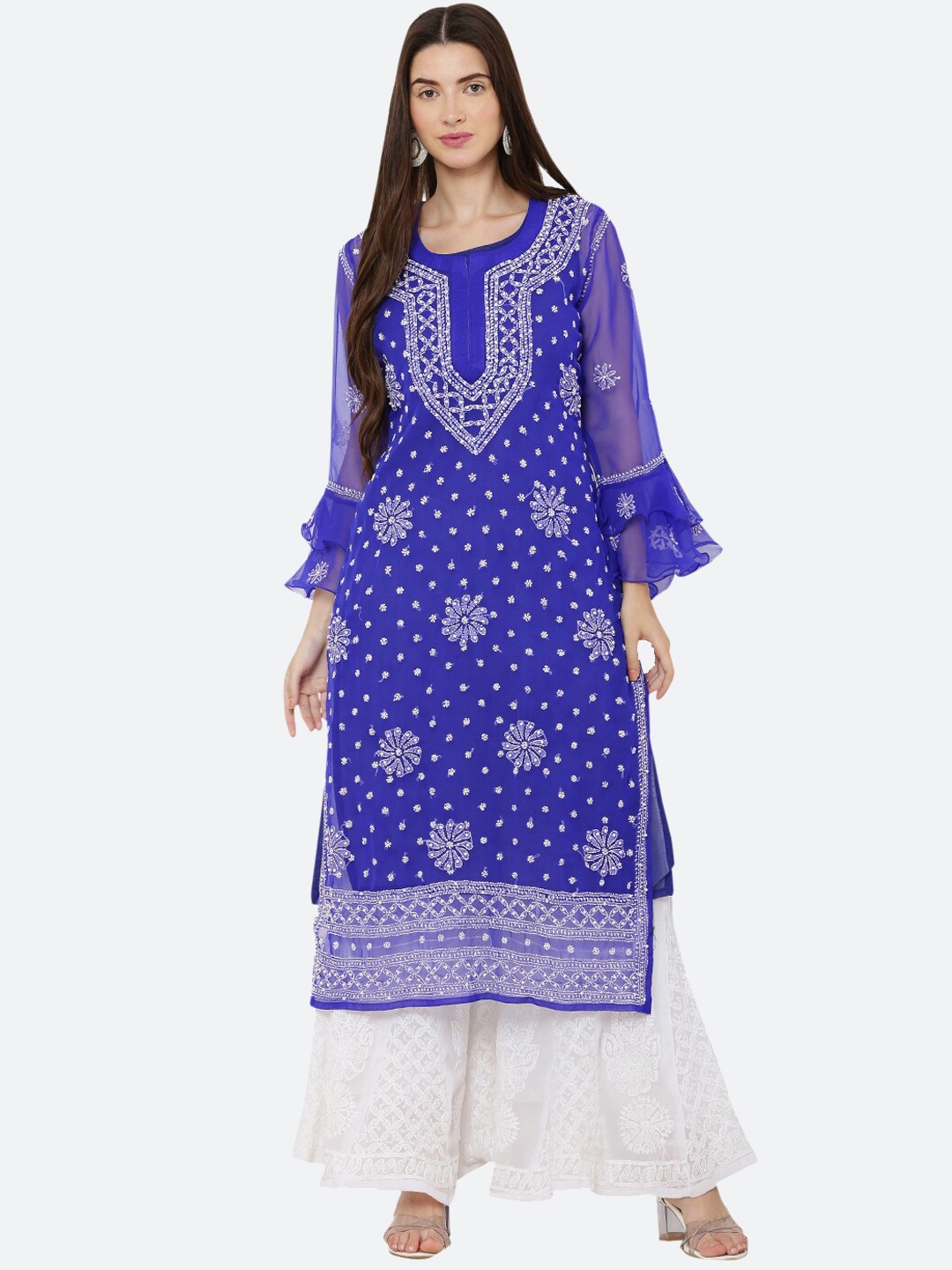 FAWOMENT Women Blue Ethnic Motifs Embroidered Bell Sleeves Thread Work Handloom Georgette Kurta
FAWOMENT Women Blue Ethnic Motifs Embroidered Bell Sleeves Thread Work Handloom Georgette Kurta