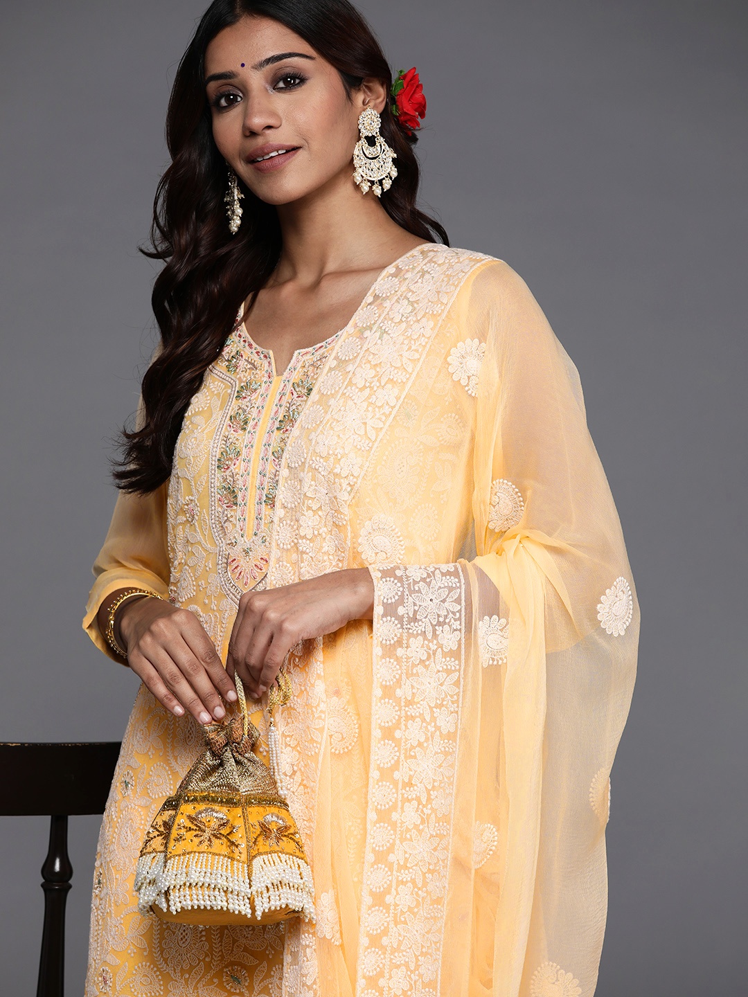 Libas Women Yellow Paisley Embroidered Chikankari Kurta with Trousers & With Dupatta
Libas Women Yellow Paisley Embroidered Chikankari Kurta with Trousers & With Dupatta