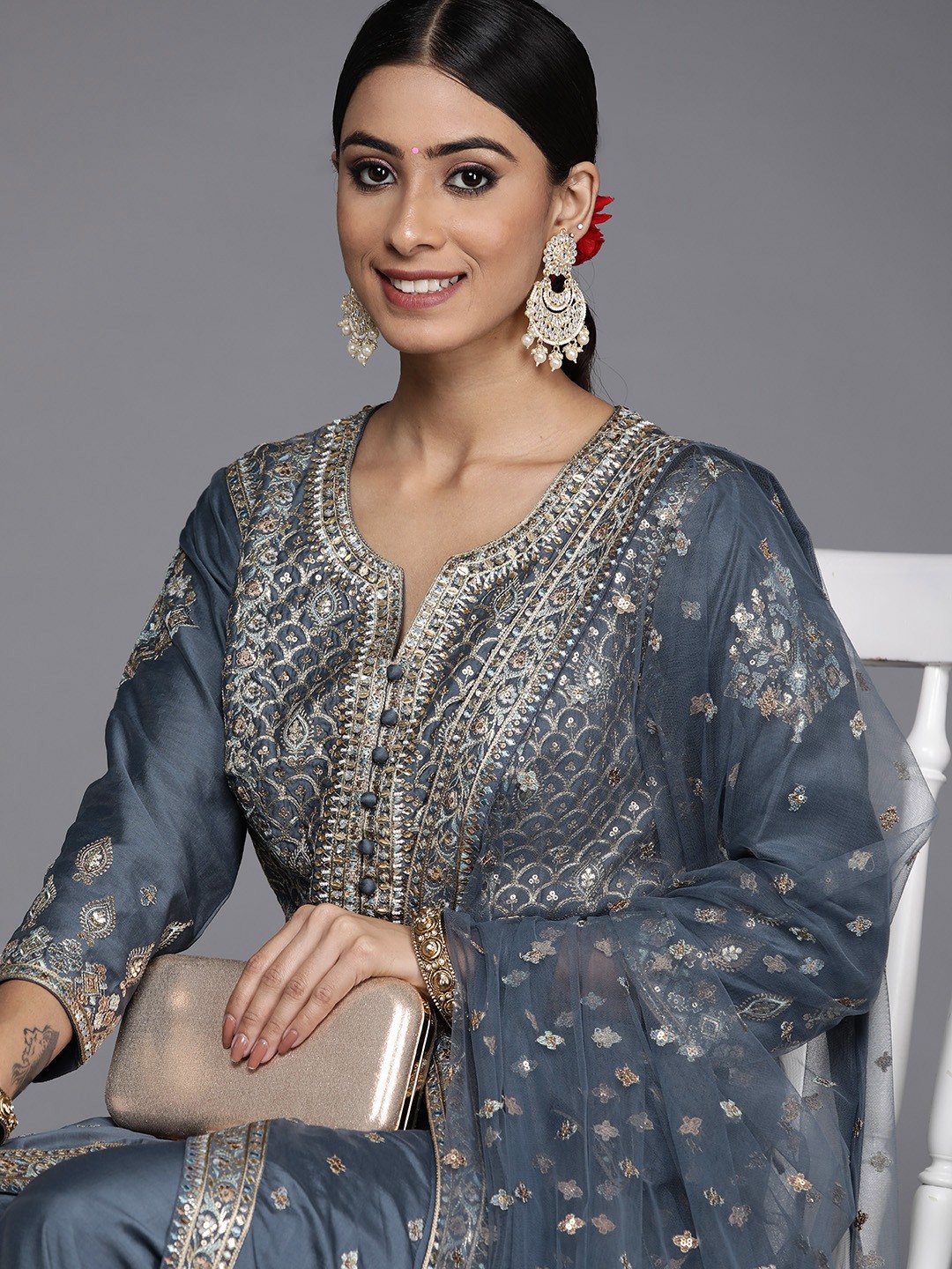 Libas Women Grey Floral Embroidered Sequinned Pure Silk Kurta with Palazzos & With Dupatta
Libas Women Grey Floral Embroidered Sequinned Pure Silk Kurta with Palazzos & With Dupatta