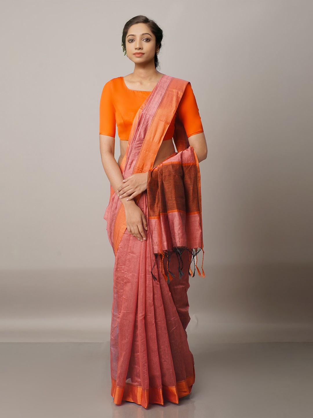 Unnati Silks Red & Peach-Coloured Silk Cotton Chanderi Saree
