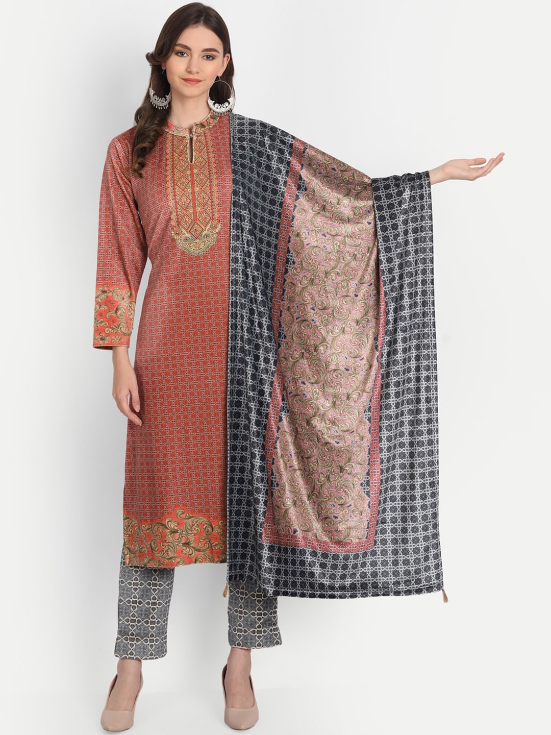 HK colours of fashion Women Rust Orange & Grey Printed Kurta with Trouser & Dupatta Set
HK colours of fashion Women Rust Orange & Grey Printed Kurta with Trouser & Dupatta Set