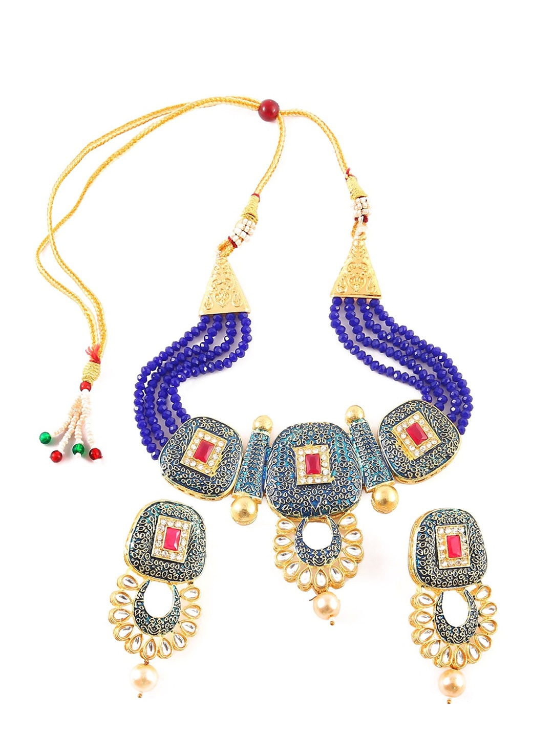 Jewar Mandi Gold-Plated White & Blue Stone-Studded & Pearl Beaded Jewellery Set
Jewar Mandi Gold-Plated White & Blue Stone-Studded & Pearl Beaded Jewellery Set
