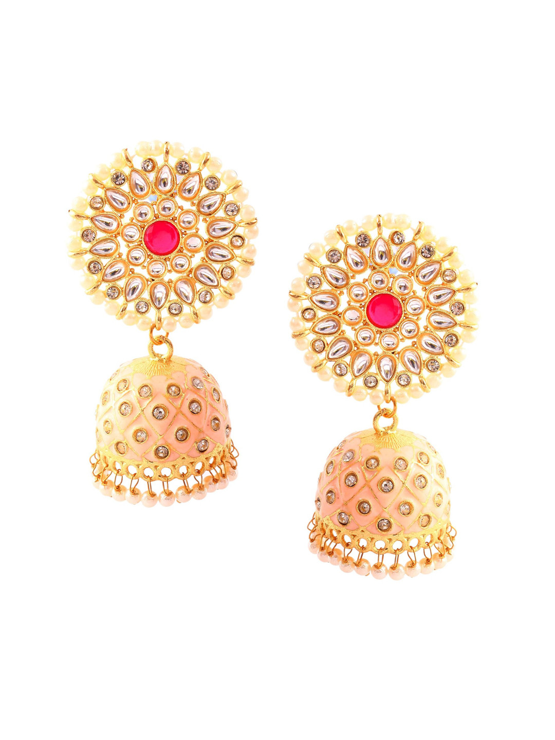 Jewar Mandi Peach-Coloured & Gold Plated Dome Shaped Jhumkas Earrings
Jewar Mandi Peach-Coloured & Gold Plated Dome Shaped Jhumkas Earrings