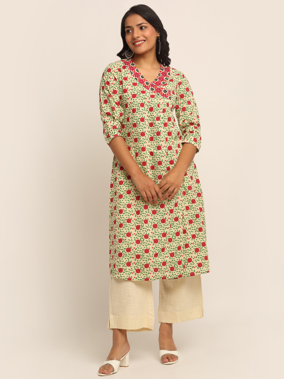 EK BY EKTA KAPOOR Women Beige Floral Print Crossover Angrakha Pure Cotton Kurta & Trousers
EK BY EKTA KAPOOR Women Beige Floral Print Crossover Angrakha Pure Cotton Kurta & Trousers