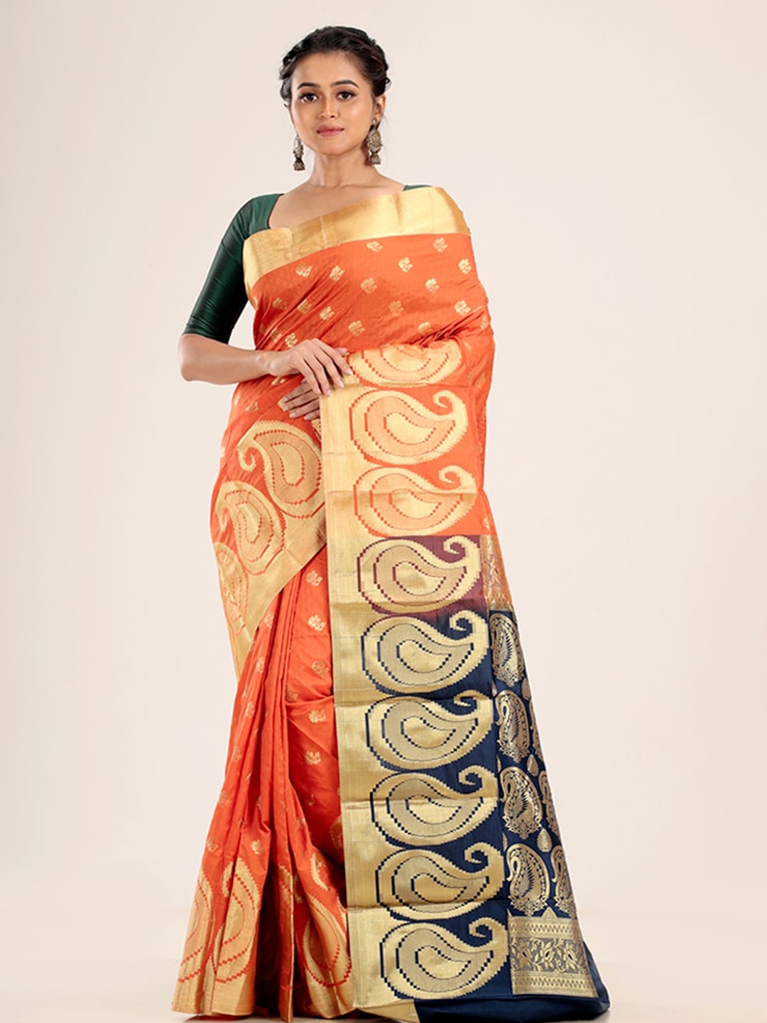 AllSilks Orange & Blue Ethnic Motifs Pure Silk Kanjeevaram Saree