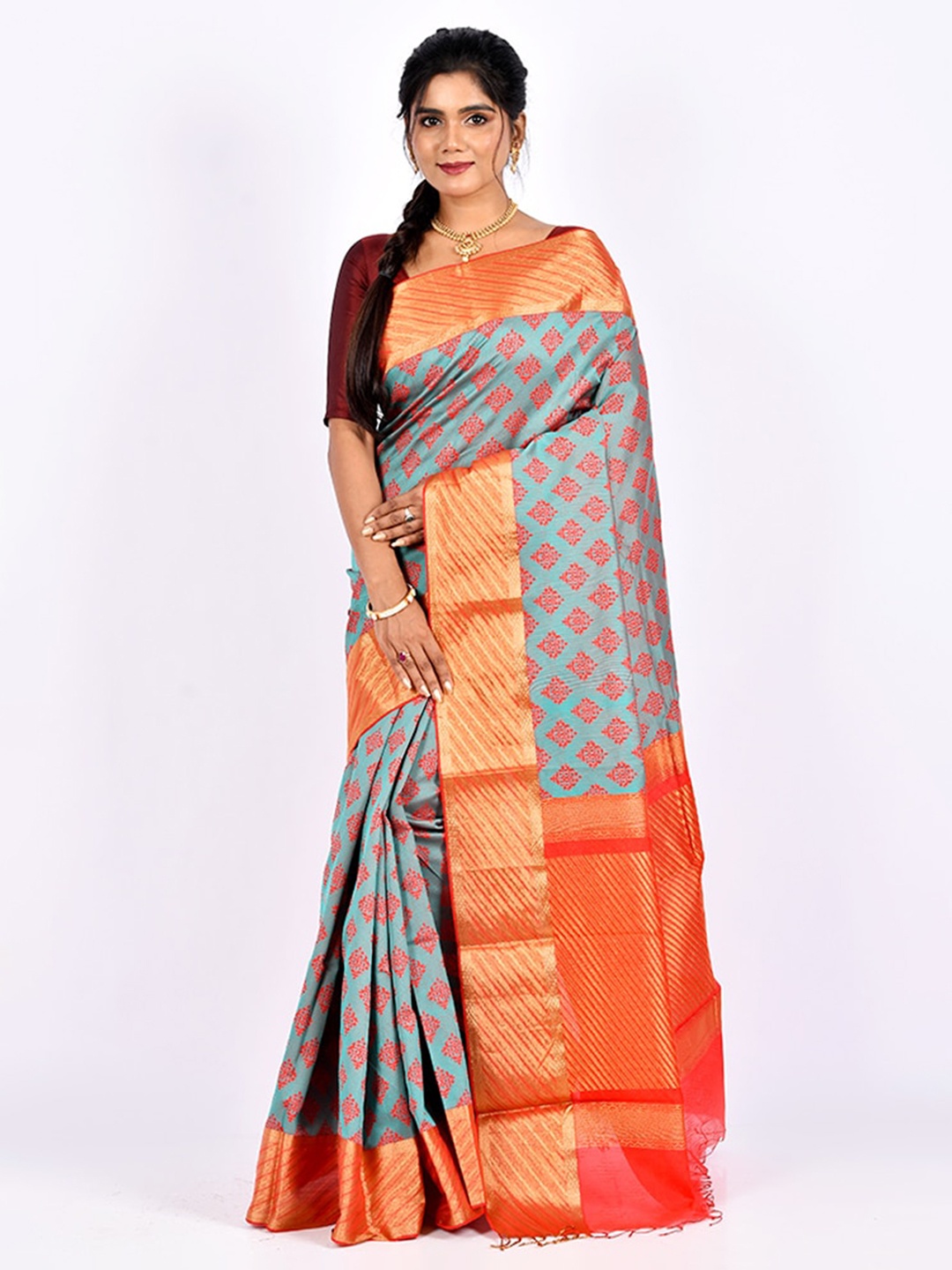 AllSilks Green Floral Zari Saree