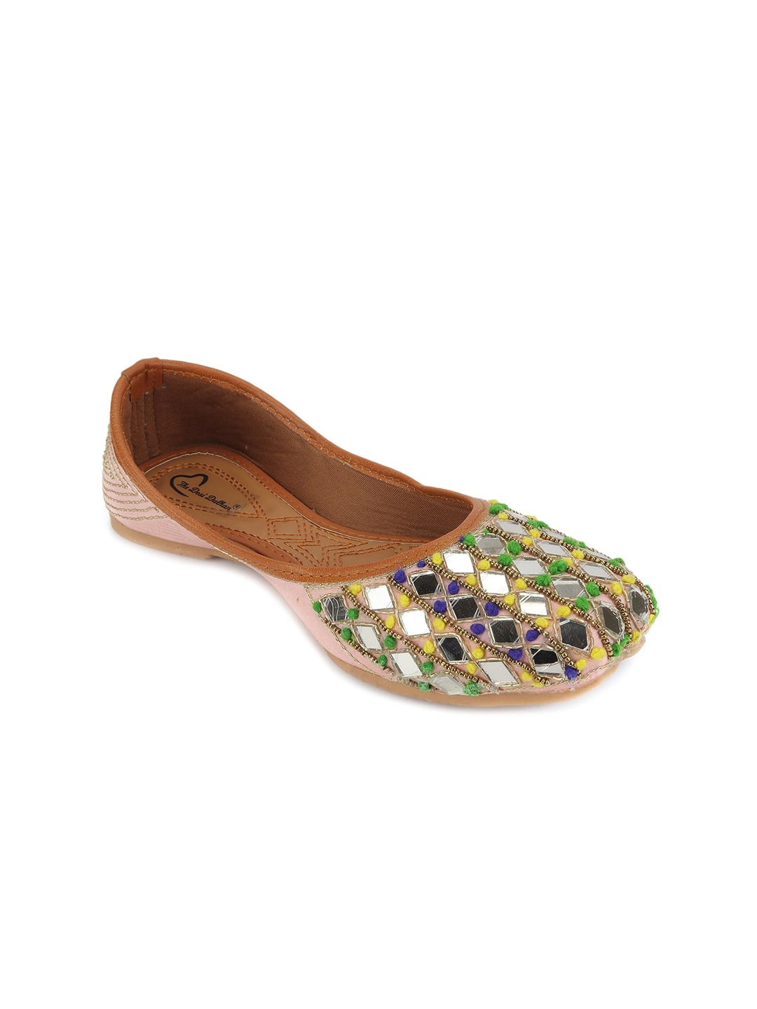 The Desi Dulhan Women Pink & Green Embellished Ethnic Mojaris Flats