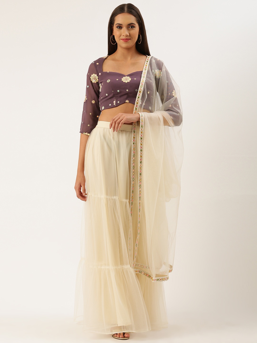 Ethnovog Purple Cream-Coloured Embroidered Mirror Work Ready to Wear Lehenga Blouse With Dupatta
Ethnovog Purple Cream-Coloured Embroidered Mirror Work Ready to Wear Lehenga Blouse With Dupatta