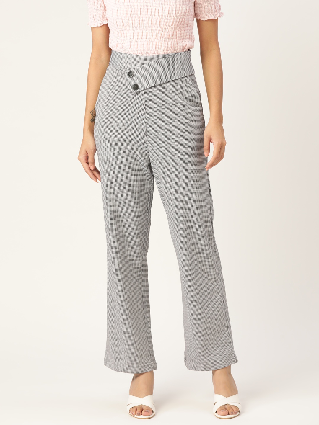 Zastraa Women Checked Smart High-Rise Easy Wash Trousers, Black