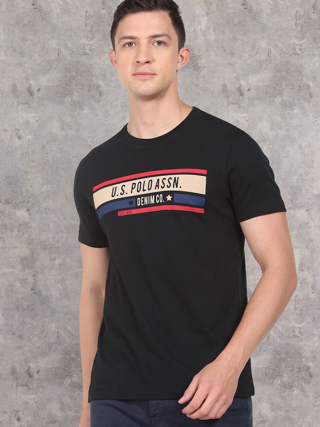 U S Polo Assn Denim Co Men Black Printed Round Neck Pure Cotton T-Shirt