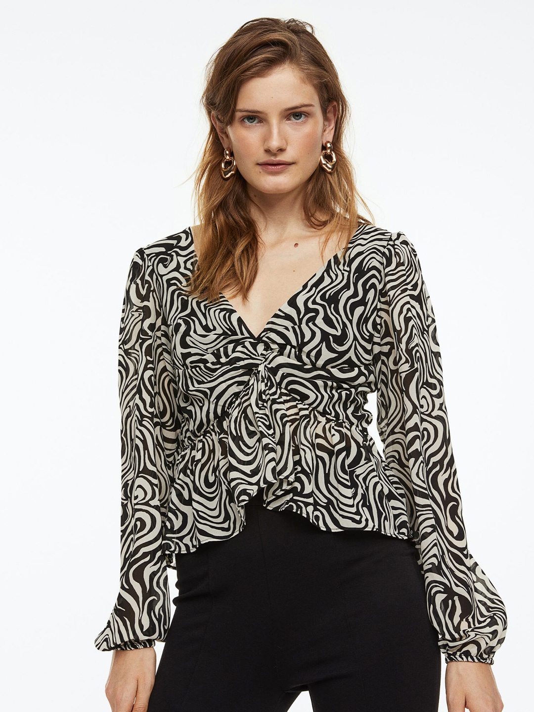 H&M Balloon-Sleeved Peplum Blouse, Black