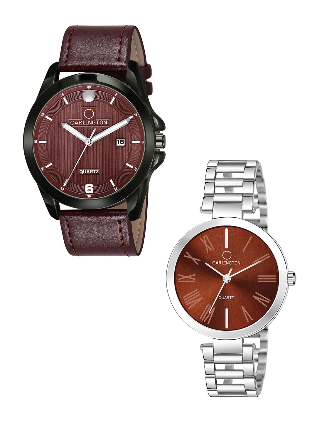 CARLINGTON Brown Dial & Brown Leather Straps Analogue Couple Watches CT1040